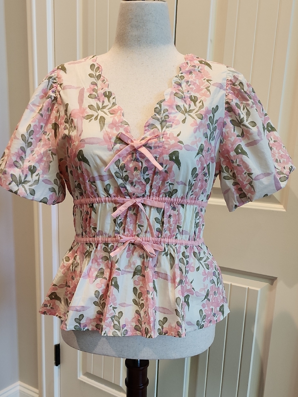 UMGEE- Floral Tie-Front Peplum Blouse - Pink/White/green/lavender